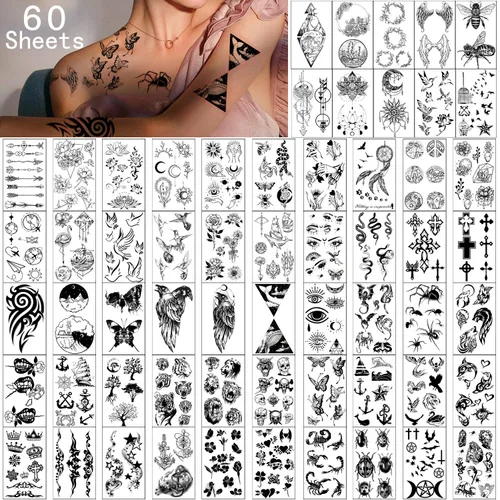 Yazhiji - Tatuajes temporales impermeables – 60 hojas, pequeña colección de tatuajes falsos, flores, coronas, estrellas, animales, mariposas para