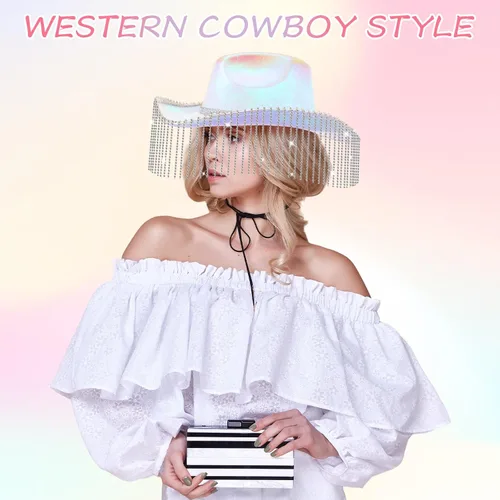 Miniatura 4 de Toulite Sombrero de vaquero con purpurina de diamantes de imitación occidentales para mujer, sombrero de vaquera con lentejuelas brillantes