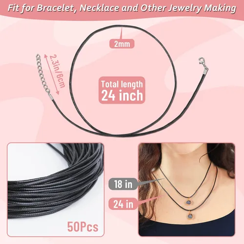 Miniatura 2 de Paxcoo 50 cordones de algodón encerado negro, cuerda de collar de 24 pulgadas con cierre, a granel para dijes, colgantes, pulseras, suministros