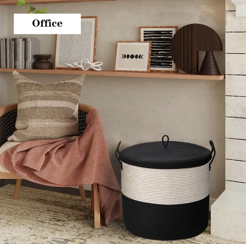 Miniatura 6 de Cestas de almacenamiento extra grandes de 21 x 18 pulgadas, cestas de cuerda ecológicas con tapa, cesta de manta para sala de estar con tapa, cestas