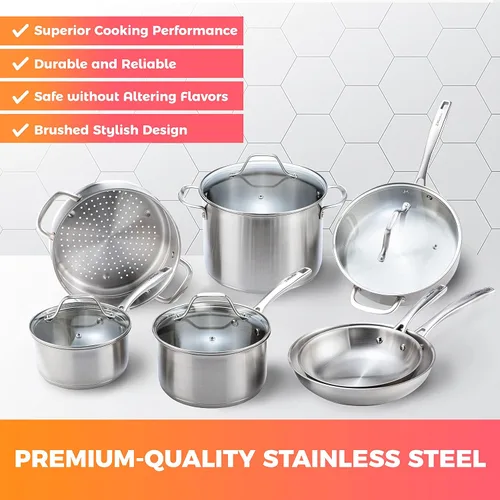 Miniatura 2 de Mueller Juego de ollas y sartenes de 11 piezas, Ultra-Clad Pro Juego de utensilios de cocina de acero inoxidable, ergonómico y mango de acero Zafiro