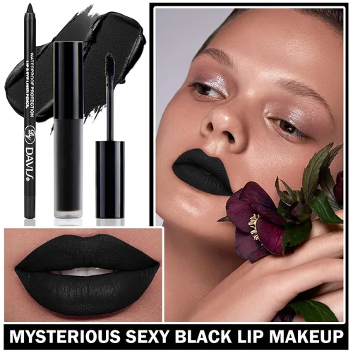 Miniatura 7 de Juego de delineadores de labios negro mate, lápiz labial líquido negro, tinte de labios de alta pigmentación negro y brillo de labios