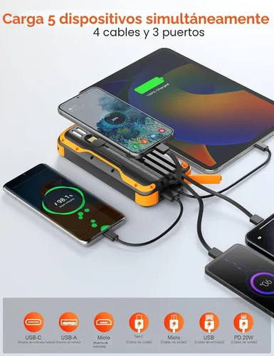 Miniatura 2 de Cargador Solar Banco de Energía, Batería Externa de Carga Rápida PD 20W, 40000mAh Cargador Portátil para Teléfono con 4 Cables Integrados y Luces