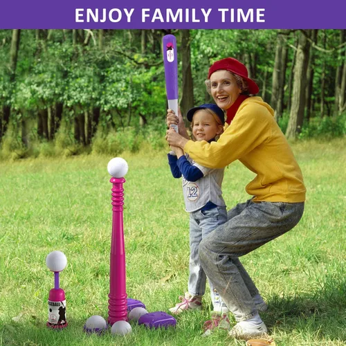 Miniatura 7 de QDRAGON Juego de 2 en 1 de T Ball para niños de 3-5 y 5-8 años, juego de Tee Ball con máquina lanzadora automática/bate de bateo ajustable y Rosa
