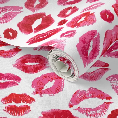 Miniatura 2 de Spoonflower Papel tapiz para despegar y pegar - Love Lips Red Valentine Beauty Lipstick Besos Acuarela Día de San Valentín Femenino Maquillaje Papel
