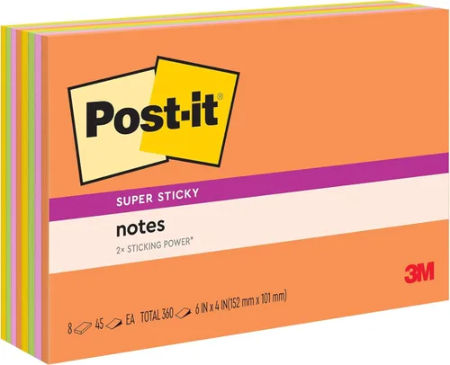 Post-it Notas súper adhesivas, 8 blocs de notas adhesivas, 6 x 4 pulgadas, suministros escolares para estudiantes, ideales para libros de texto,