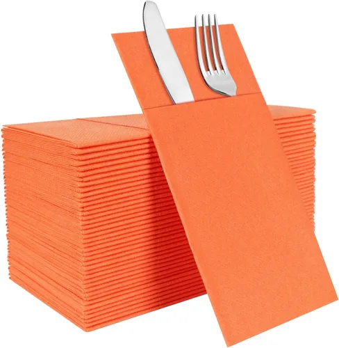 Miniatura 22 de Servilletas rojas desechables con sensación de lino con bolsillo integrado para cubiertos, preplegadas para cuchillos y tenedores, servilletas