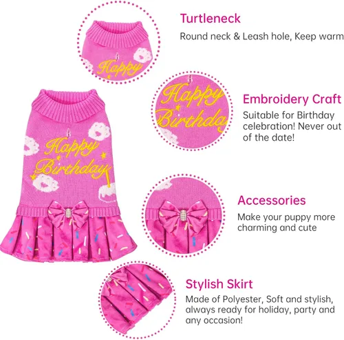 Miniatura 4 de CuteBone Suéter rosa para perro, vestido de feliz cumpleaños, suéter para mascotas, suéteres para perros grandes con corbatín, ropa de cachorro
