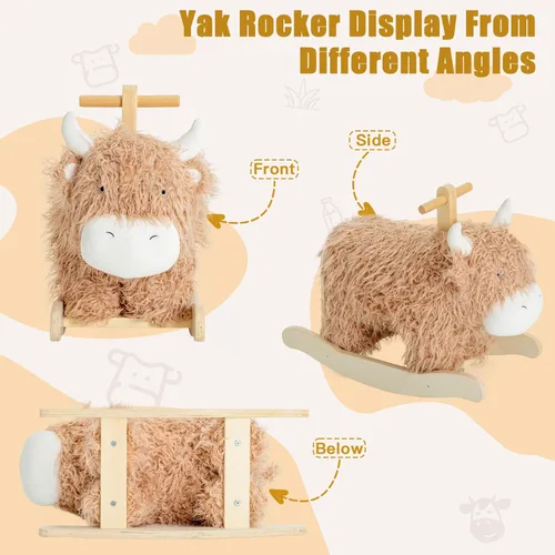 Miniatura 5 de Caballo mecedora bebé para 1 año de edad, caballo de madera de vaca/yak con balanceo con caña y peluche de madera, juguete de montar para niñas