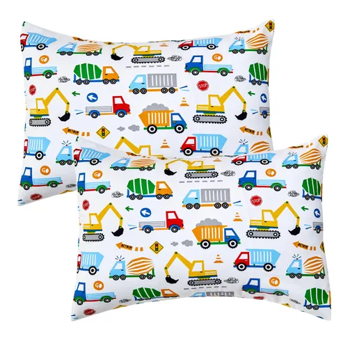 Miniatura 8 de IBraFashion Paquete de 2 fundas de almohada de algodón antideslizantes de 14 x 19 pulgadas para niños pequeños, diseño de vehículo de construcción