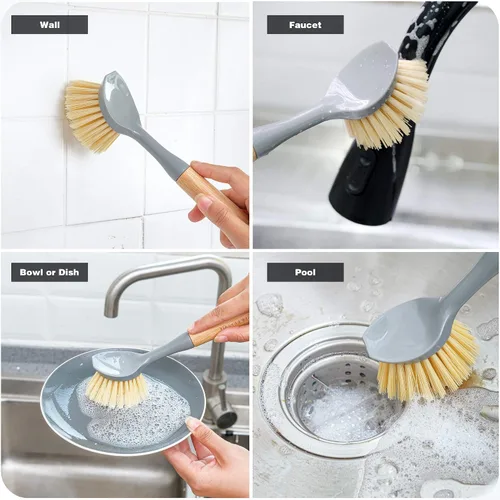 Miniatura 5 de Juego de 4 cepillos de bambú natural para limpiar botellas, con dispensador de jabón de cerámica, cepillos de madera con asas resistentes