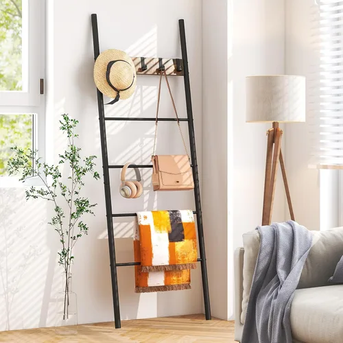 Tangkula Escalera para mantas, estante de escalera de 5 niveles con 5 ganchos extraíbles, soporte decorativo para manta inclinado en la pared con