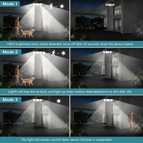 Miniatura 2 de Luces solares impermeables para exteriores, 2800 lm, 200 luces LED con sensor de movimiento, 3 cabezales y 3 modos de luces de inundación, luces