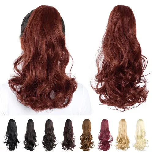 Miniatura 36 de Extensiones de cola de caballo, extensiones de cabello rizado con clip de garra de color marrón oscuro para mujer, peluca sintética de cola
