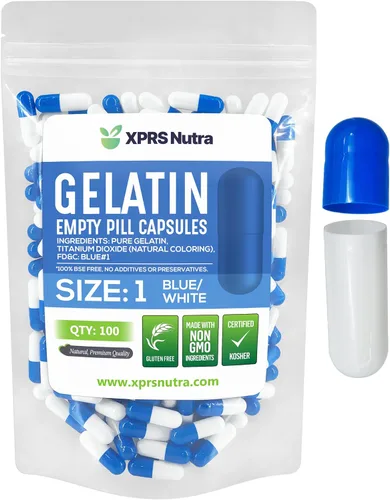 XPRS Nutra Cápsulas vacías tamaño 1 – 100 cápsulas vacías de gelatina – Relleno de cápsulas de píldoras DIY – Cápsulas de gel de píldora bovina pura