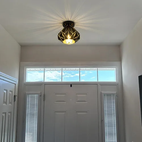 Miniatura 7 de Modern Geometric Ceiling Light, Black Metal Diamond Cage Design, Semi-Flush Mount, Industrial Style, E26, Matte Black with Gold Inside