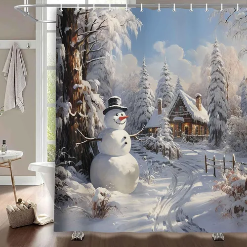 Miniatura 2 de MERCHR - Cortina de ducha con diseño de muñeco de nieve navideño, cortinas rústicas de invierno con árboles de nieve para baño de granja, juego