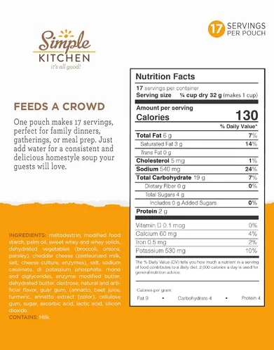 Miniatura 2 de Simple Kitchen - Mezcla de sopa de queso y brócoli, 17 porciones para preparación de comidas, vegetariana, sin gluten y liofilizada, sopa de brócoli