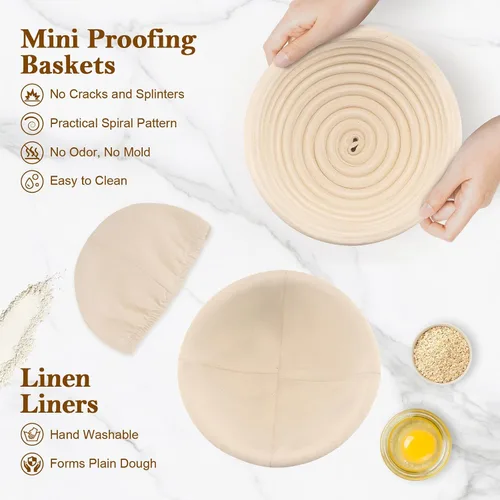 Miniatura 5 de Paquete de 6 mini cestas Banneton a prueba de pan de 5 pulgadas, mini suministros para hornear masa madre, pequeñas cestas a prueba de Banneton