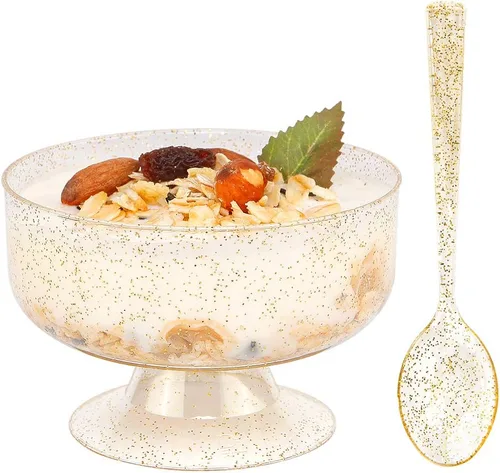 WDF Paquete de 48 tazas de postre de plástico con purpurina dorada de 7 onzas con cucharas, 48 vasos de plástico desechables para helado y 48 Oro -