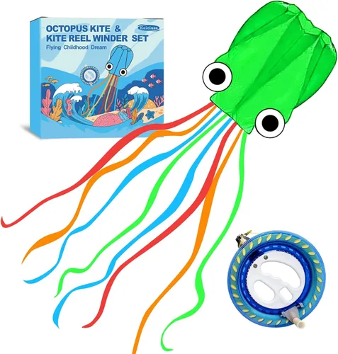 Cometas de pulpo para niños y adultos fáciles de volar, 24 x 158 pulgadas, kit de cometa grande y suave para niños y niñas, juego de cometa de playa