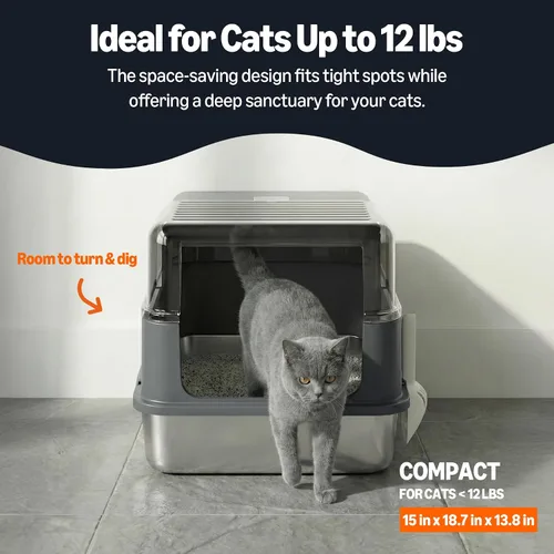 Miniatura 4 de Solpobei - Caja de arena de acero inoxidable cerrada, caja de metal para gatos, mediana Sartén pequeña para gatos con tapa, 18.7 pulgadas