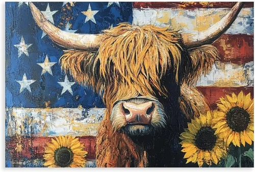 Miniatura 28 de JDBeehpy Arte de pared de vaca de las tierras altas de granja, bandera americana, sin marco, póster patriótico para el Día de la Independencia del 4