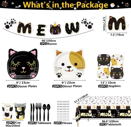 Miniatura 2 de 167 piezas de decoración de fiesta de cumpleaños de gatos, incluyendo platos de gato, servilletas, vasos, mantel, pancarta MEOW y pajitas de papel
