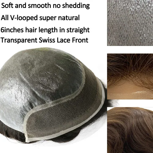 Miniatura 2 de Toupee - Peluca de cabello humano europeo con encaje frontal suizo y línea capilar natural para hombre, con piel sintética, sistema de reemplazo