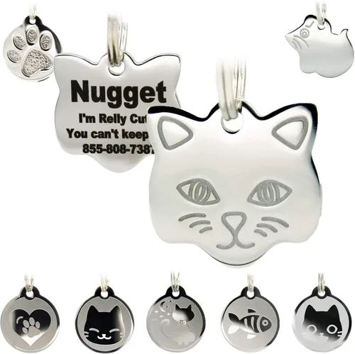 Etiquetas de identificación para gatos de acero inoxidable – Etiquetas personalizadas grabadas con hasta 4 líneas de texto, forma de gato