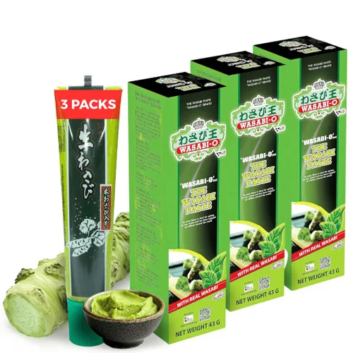 Wasabi-O Real Wasabi Pasta – Auténtica raíz de wasabi fresca japonesa – calor suave – Tubo de compresión para sushi, salsa, mayonesa y mariscos – 3