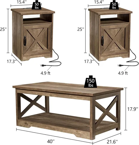Miniatura 2 de LUXOAK - Juego de mesa de sala de estar de 3 piezas estilo granja, incluye 1 x mesa de café, 2 x mesas auxiliares con estación de carga y puertos