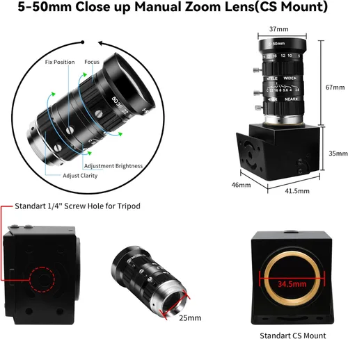 Miniatura 6 de Cámara web USB 4K 1080P @120fps Cámara de alta velocidad con montaje CS-0.197-1.969 in 10X Teleobjetivo zoom lente manual 12MP capacidad de primer