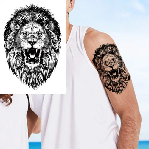 Miniatura 5 de 6 hojas de tatuaje temporal de león tigre negro, tatuaje de pierna y pecho para hombres y mujeres, diseños de animales salvajes arte corporal