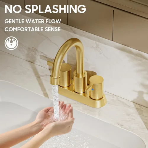 Miniatura 6 de Grifo de baño sin plomo de 4 pulgadas con 2 manijas de oro cepillado centrado, boquilla giratoria con drenaje emergente de cobre y 2 líneas