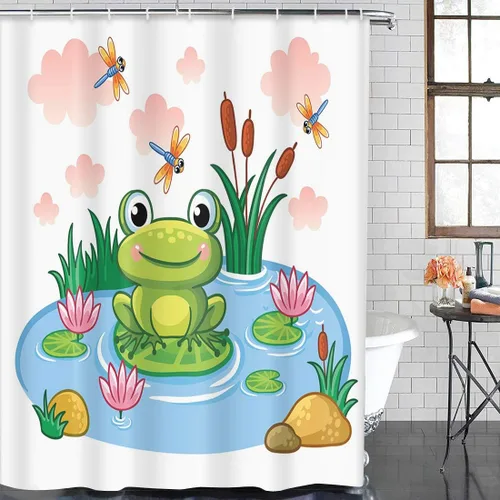 Miniatura 5 de Emvency Cortina de ducha azul con dibujos animados de rana sentada en estanque estilo infantil lago con animales, tela de poliéster impermeable