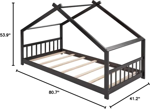 Miniatura 8 de Merax Camas Montessori de madera para niños con cabecero, marco de cama de suelo para niños y niñas, no necesita somier (individual, espresso)