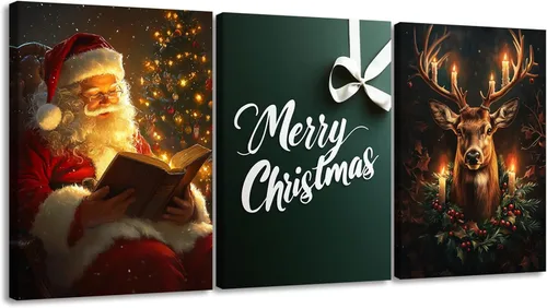 Miniatura 14 de Pennimor Lienzo decorativo para pared de Navidad, juego de 3 marcos de 12 x 16 pulgadas, decoración navideña a cuadros rojos y negros, póster