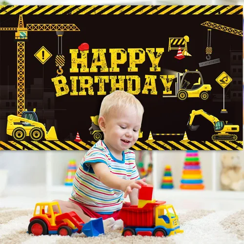 Miniatura 5 de Tatuo Cartel de cumpleaños con temática de construcción, 6.1 x 3.6 pies, suministros de fotografía, fiestas, camión volquete, decoración de fiesta