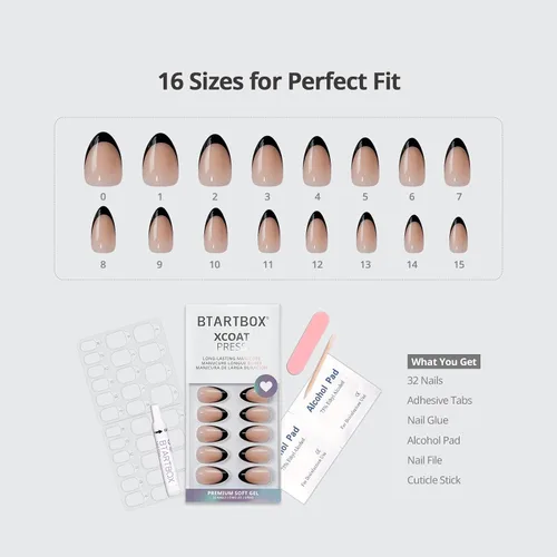Miniatura 4 de BTArtbox Uñas cortas a presión, color negro, francés, almendra, con pegamento y pestañas adhesivas para mujeres en 16 tamaños, kit de 32 uñas de gel