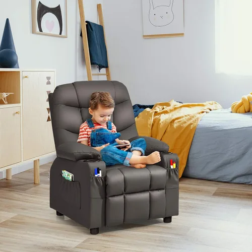 Miniatura 2 de GLACER Silla reclinable para niños con portavasos y bolsillos laterales, reclinable para niños con respaldo cómodo, reposabrazos y reposapiés, Marrón