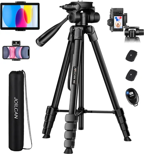 Miniatura 10 de JOILCAN Trípodes para cámara, trípode de 74 pulgadas para grabación de video, cámaras de alta resistencia, trípode DSLR de viaje profesional, Negro