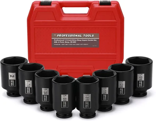 Mayouko Juego de Casquillos de Impacto con Eje de Husillo de 1/2", CR-MO, 6 Puntos, 1-9/16",1-5/8",1-11/16",1-3/4",1-13/16",1-7/8",1-15/16",2", SAE,