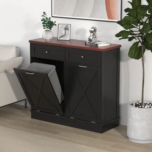 Miniatura 4 de TOLEAD Gabinete de basura oculto de madera de 2 x 10 galones con puerta de granero y parte superior de madera maciza, contenedor de basura de cocina