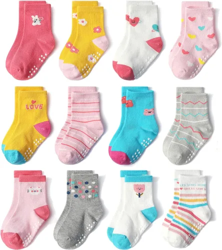 Miniatura 10 de SkiBeaut Calcetines para bebés y niñas, 12 pares de calcetines antideslizantes para niños pequeños con agarre para niñas de 0 a 7 años