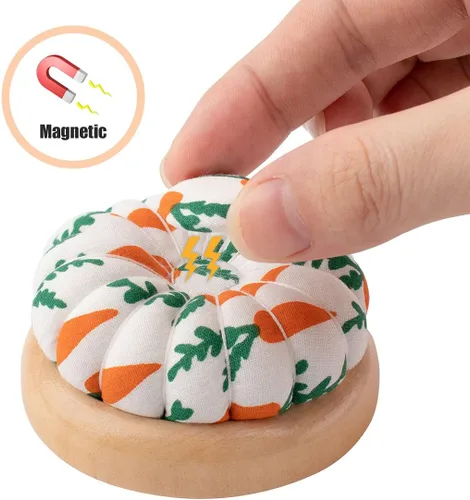 Miniatura 3 de Rolybag Alfiletero, Alfileteros de Base de Madera Estilo Patrón de Zanahoria Alfiletero Redondo para Portaagujas de Costura o Manualidades DIY