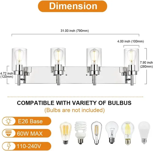 Miniatura 4 de Iluminación moderna de baño con pantalla de vidrio transparente, 4 luces para tocador, lámpara de pared industrial con acabado en cromo, apliques