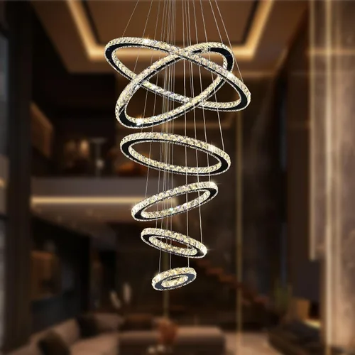 Miniatura 9 de Siljoy Moderna lámpara de araña de cristal, 6 anillos, lámpara de techo LED con 3 colores, lámpara de techo alto para sala de estar, comedor
