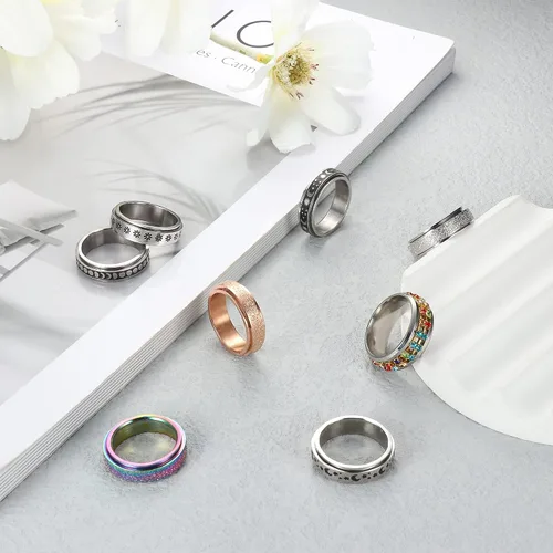 Miniatura 7 de CASSIECA Anillos giratorios de acero inoxidable para mujeres y hombres anillos giratorios de flores luna estrella anillos de ansiedad frescos