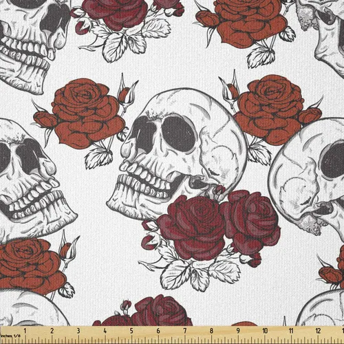 Miniatura 95 de Ambesonne The Yard, tela de calavera colorida con temática de Halloween, diseño de calavera y huesos cruzados, divertido estampado de dibujos